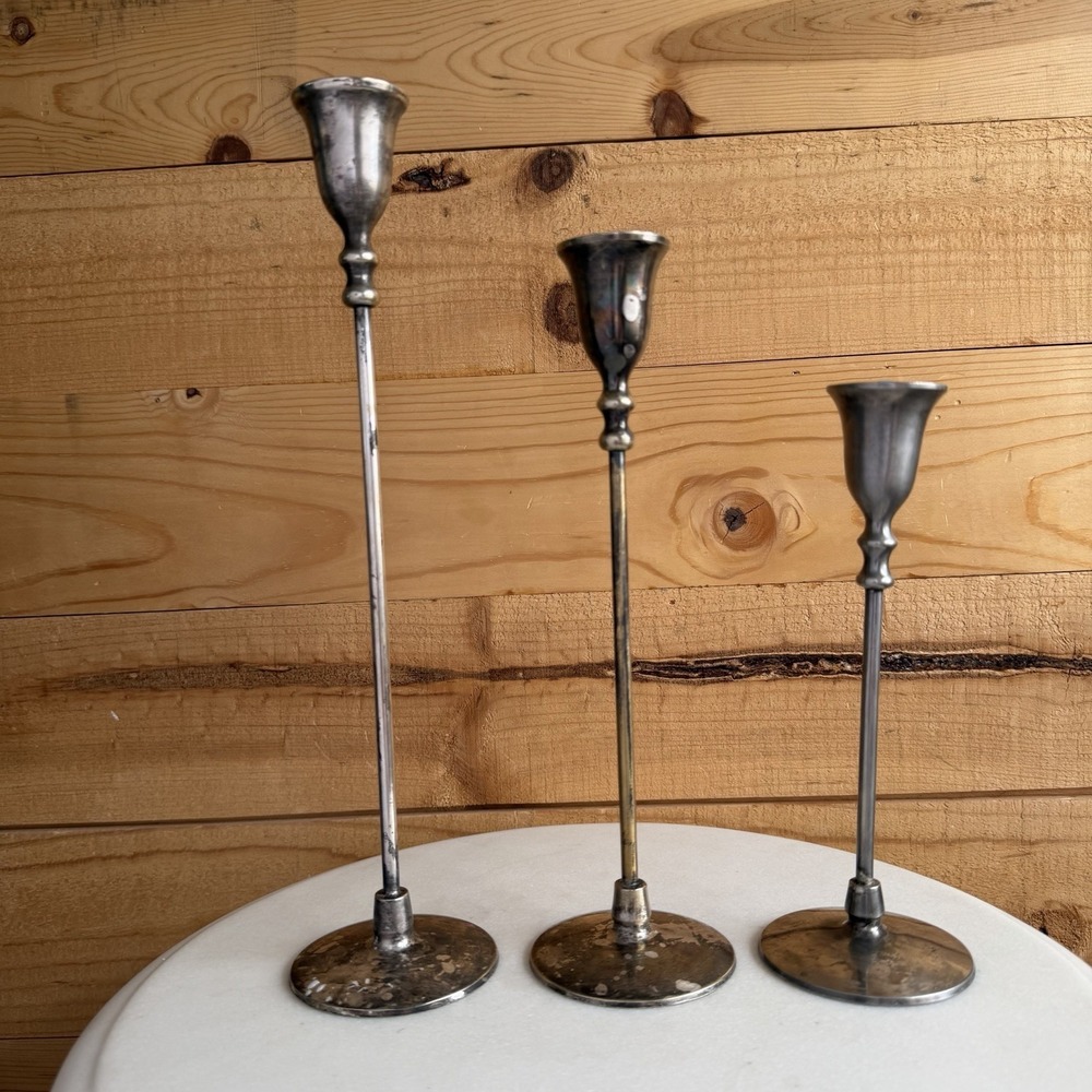 Set Of 3 Graduated Silver Tone Candle Stick Holders Tulip Tapered VTG Unmarked
